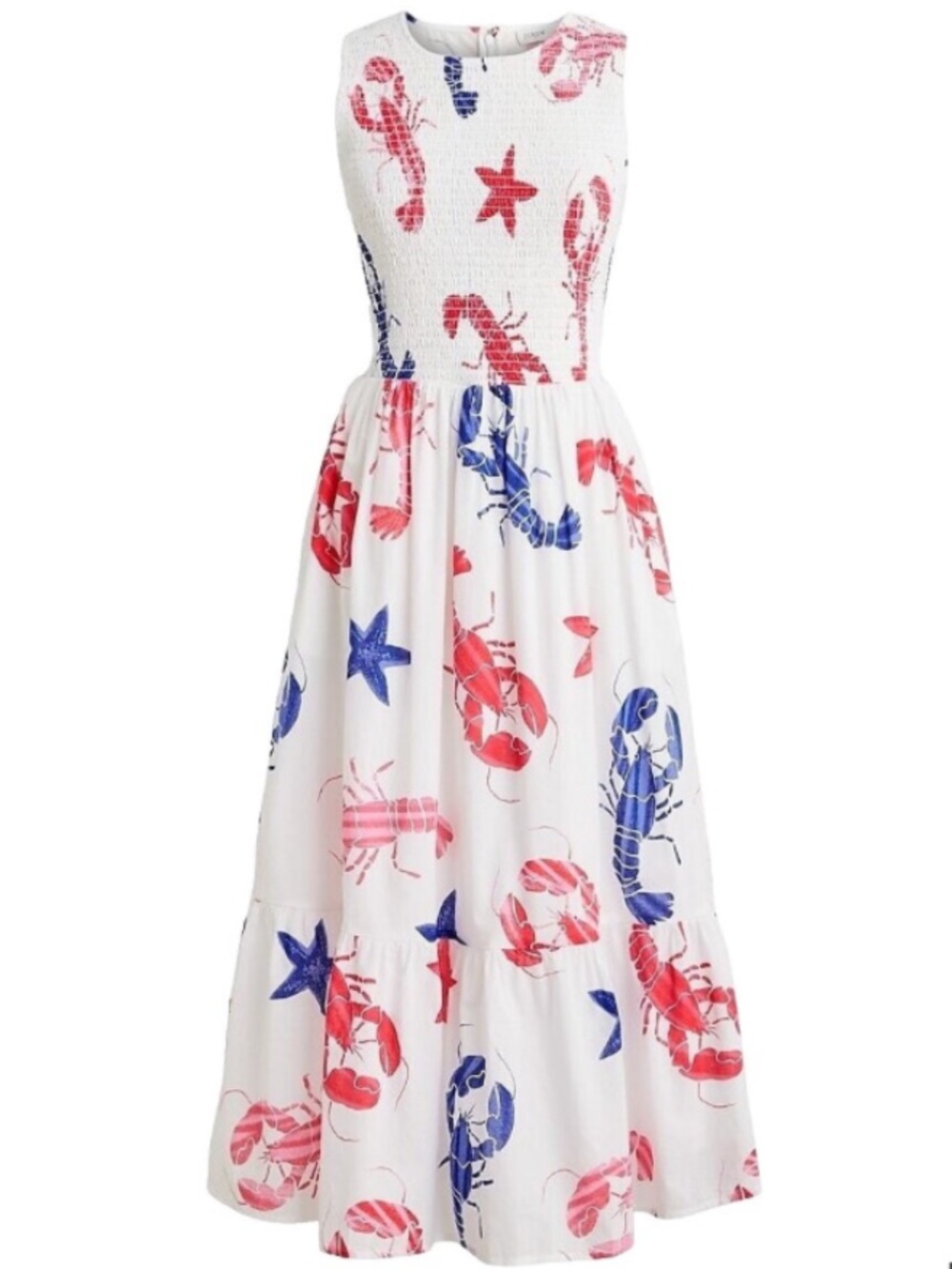 J.Crew NWT Lobster Red White Blue Smocked Midi Dress
